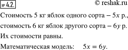 Изображение 4.2. Составьте математическую модель данной ситуации.Цена за 1 кг яблок одного сорта х р., а другого — у р. Для детского праздника купили 5 кг одного сорта и 6 кг...
