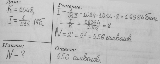 Изображение 7 Количество информации в сообщении, содержащем 2048 символов, составляет 1/512часть мегабайта. Какова мощность алфавита, с помощью которого записано...